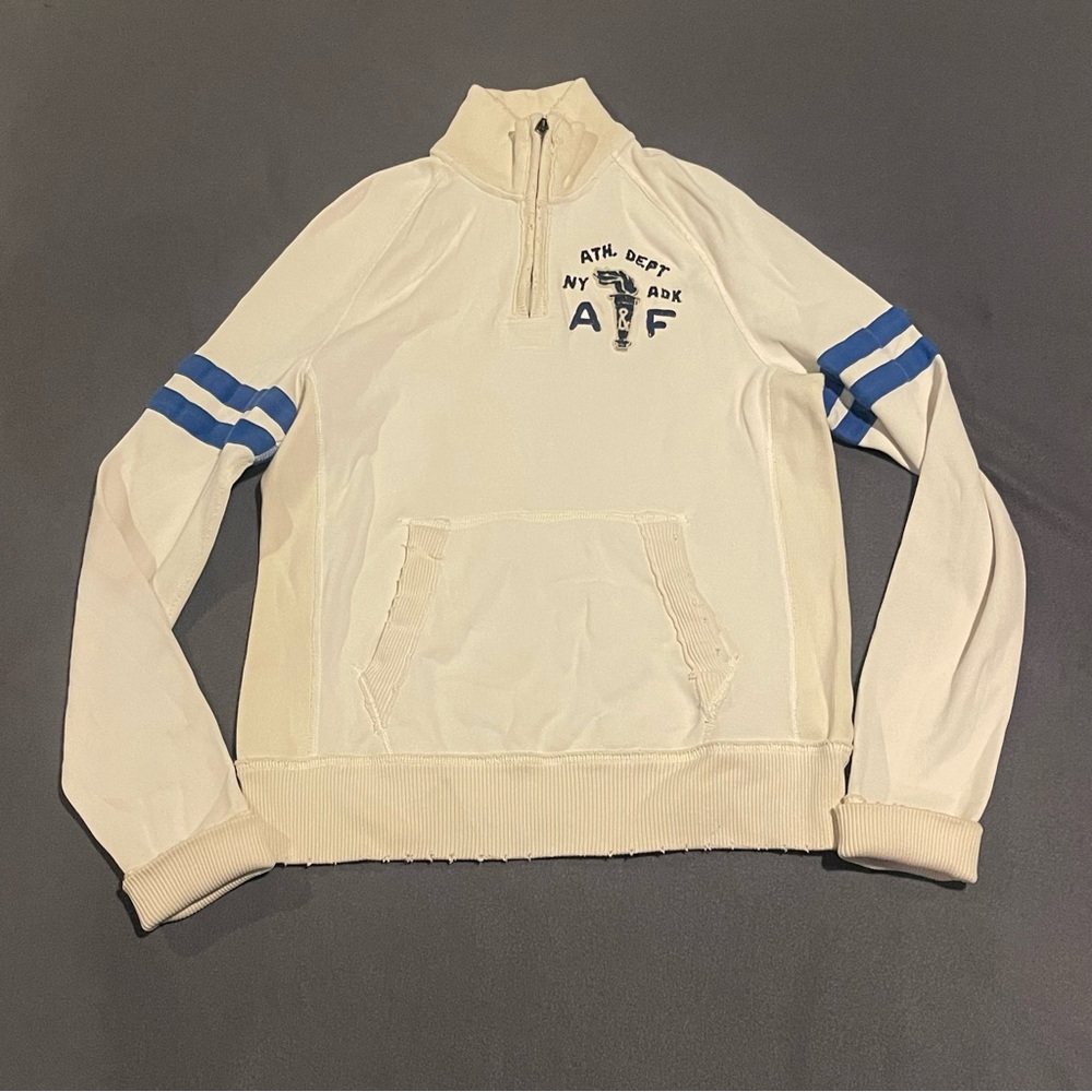 Abercrombie Fitch 1/4 zip distressed pullover mens XL EUC blue/white
